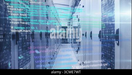 Displaying corridor between server cabinets in facility, with network cables and LED indicators Stock Photo
