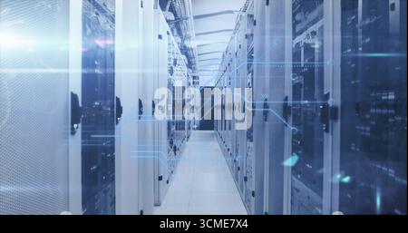 Illuminating data center aisle with server racks, network switches, cable trays, blinking LEDs Stock Photo