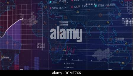 Displaying digital world map on dashboard with grid, charts, hexagon clusters, numeric labels Stock Photo