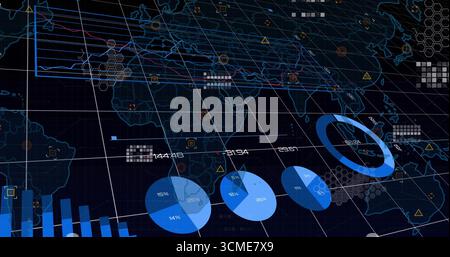 Displaying data overlaying world map on dashboard with pie and ring charts, bar chart, markers Stock Photo