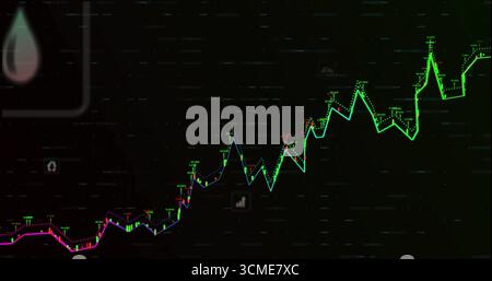 Displaying neon line chart fluctuating on trading dashboard, with price markers and numeric labels Stock Photo