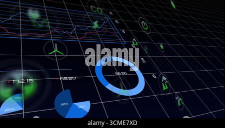 Displaying blue donut chart hovering at center in data dashboard, with pie charts, green icons Stock Photo