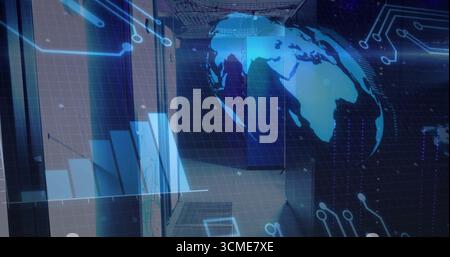 Floating holographic globe and data grid hovering inside data center, with server racks and cables Stock Photo