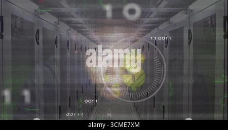 Extending server room corridor showing binary overlays on racks with HUD interface, 3D dollar sign Stock Photo