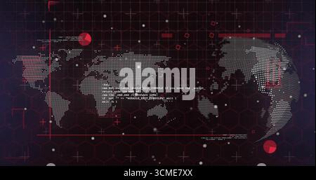 Displaying dot-matrix world map overlaying code snippets on digital interface, with red markers Stock Photo