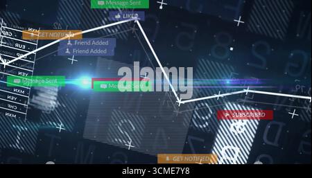 Connecting white zigzag graph nodes across tech interface, showing notification badges plus symbols Stock Photo