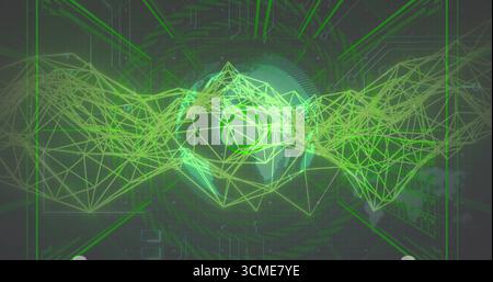 Earth sphere rotating in virtual data interface, with wireframe mesh waves and circuit patterns Stock Photo