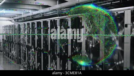 Displaying central server racks lining data center corridor, with digital network globe overlay Stock Photo