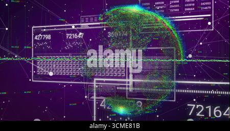 Floating data globe representing network in cyberspace, with laptop grid, nodes and number readouts Stock Photo