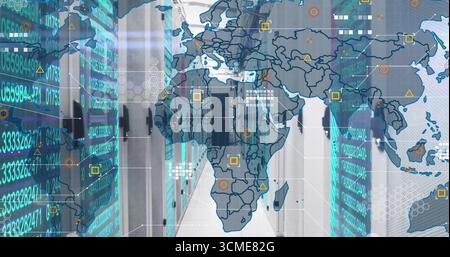 Displaying central corridor through data center, with server racks, cables and world map overlay Stock Photo