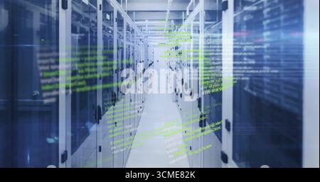 Featuring center aisle showing server cabinets in data center corridor, with hologram code overlay Stock Photo
