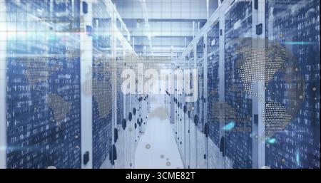 Streaming binary and world map overlay across central server racks in datacenter, with LED lights Stock Photo