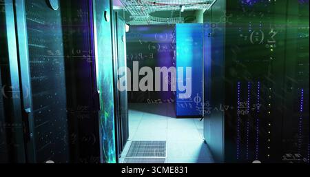 Displaying server rack cabinets glowing with LED lights at data center, with overhead cable trays Stock Photo