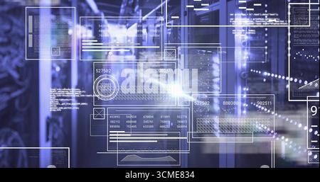 Glowing server racks and data overlays illuminating data center aisle with cables, LED lights Stock Photo