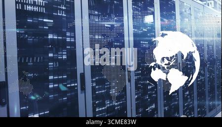 Showing server rack cabinets glowing with LED lights in data center room, with world map overlay Stock Photo