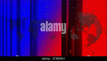 Displaying dotted world map silhouette over gradient bars on screen, with dotted globe arc and dots Stock Photo