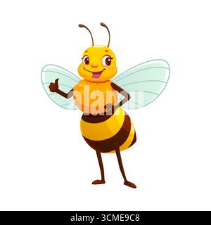 Cartoon cheerful honey bee character with thumbs up gesture and joyful happy expression. Vector adorable cute honeybee, animal insect personage featuring bright yellow and black stripes and wings Stock Vector