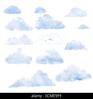 Fluffy and cumulus clouds. Digital watercolor illustration. The set of rain clouds is isolated. on white background. The concept of the sky, mereology Stock Photo