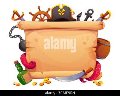 Vintage scroll parchment with pirate hat, sabres, ship anchor and steering wheel, rum bottle, golden coins, barrel and octopus tentacles. Blank cartoon vector template for invitations or treasure maps Stock Vector