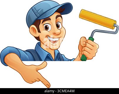 Painter Decorator Cartoon Paint Roller Handyman Stock Vector