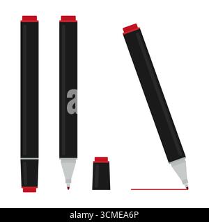 Red marker pen set isolated on white. Minimalist vector marker icons for educational materials, product guides, stationery themed designs Stock Vector