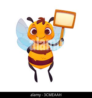 Cartoon cute honey bee character with signboard. Vector smiling flying honeybee holding empty blank placard. Funny yellow striped garden insect with wings. Apiary, beekeeping, children book personage Stock Vector