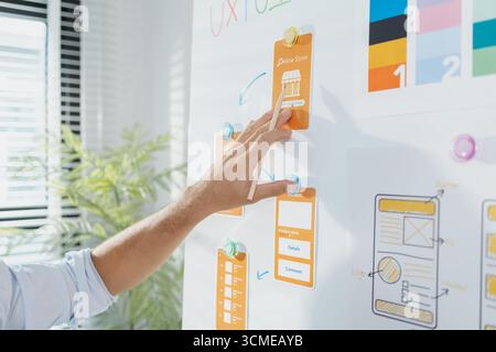 A young designer is working on a UX UI project, analyzing mobile app wireframes and choosing color palettes on a whiteboard. He focuses on brainstormi Stock Photo