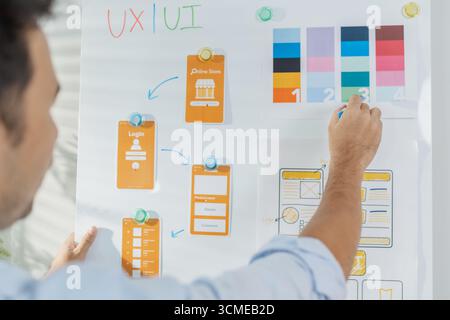 A young designer is working on a UX UI project, analyzing mobile app wireframes and choosing color palettes on a whiteboard. He focuses on brainstormi Stock Photo