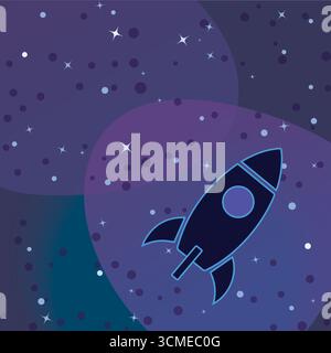 A deep blue rocket is flying through a starry sky. Simple and flat vector illustration in pastel colors Stock Vector