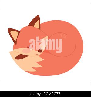A cute, cartoon-style sleeping fox with orange fur and a bushy tail curled up in a cozy position. The background is plain white, emphasizing the fox's Stock Vector
