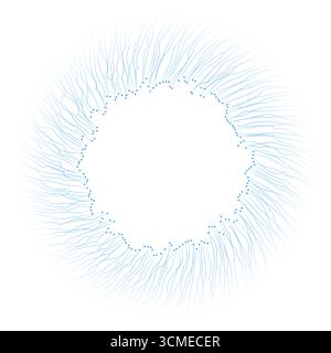 Circle of blue lines and dots on white background, creating an effect of movement and energy. The threads move towards the center of the image. Vortex Stock Vector