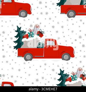 Christmas seamless pattern with a red truck carrying Xmas tree and gifts on snowflakes background. Vintage pick up truck vector illustration Stock Vector