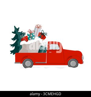 Christmas red truck with Xmas tree and gifts on white background. Vintage pick up truck vector isolated illustration Stock Vector
