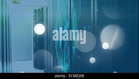 Glowing server racks projecting digital globe in data center aisle, with LED lights, light flares Stock Photo