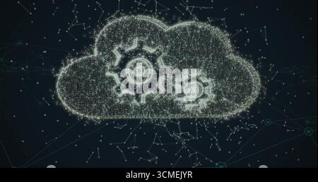 Forming digital cloud with glowing nodes and lines in dark interface, showing two gear icons Stock Photo