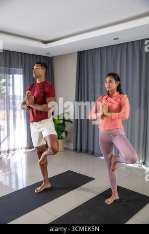 Diverse couple in sportswear practicing yoga tree pose on black mats in living room with plant Stock Photo