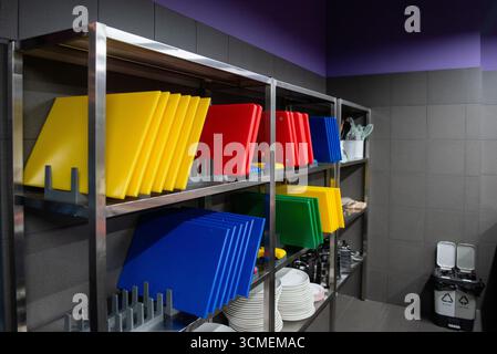 a set of cutting boards in the kitchen of a training studio Stock Photo