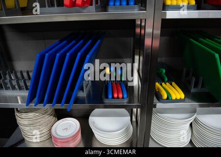 a set of cutting boards in the kitchen of a training studio Stock Photo