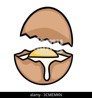 A whimsical vector illustration of a cracked egg with a runny yolk, showcasing a cartoonish style with bold outlines and warm brown and yellow tones. Stock Vector