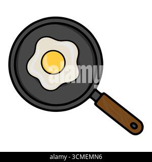 A vector illustration of a fried egg in a frying pan, featuring a sunny-side up egg with a detailed yolk and a realistically rendered wooden handle. Stock Vector