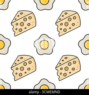 Seamless vector pattern featuring cheerful cartoon illustrations of fried eggs and cheese wedges, perfect for kitchen textiles or breakfast-themed des Stock Vector