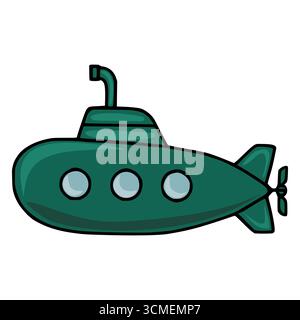 A charming vector illustration of a teal submarine with four portholes, a periscope, and a propeller, rendered in a simple, cartoonish style. Stock Vector