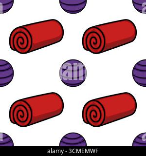 Seamless vector pattern featuring red rolled-up mats and purple fitness balls, a vibrant and playful design ideal for gym-themed projects or sporty ba Stock Vector
