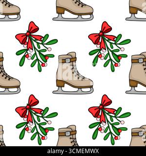 Seamless vector pattern featuring beige ice skates and mistletoe sprigs with red bows, creating a charming winter holiday design. Stock Vector
