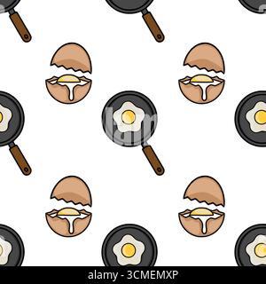 Seamless vector pattern of cracked eggs and fried eggs in pans, a cheerful kitchen illustration with a hand-drawn style and light color palette. Stock Vector