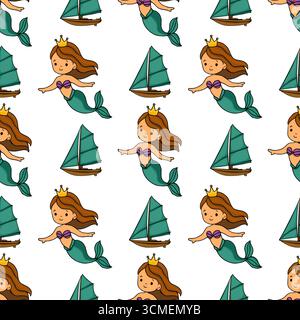 Seamless vector pattern featuring charming mermaids with golden crowns and teal sailboats on a white background, creating a whimsical underwater scene Stock Vector