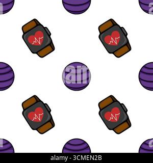 Seamless vector pattern featuring a repeating design of fitness trackers displaying heart rate monitors and purple fitness balls, ideal for sportswear Stock Vector