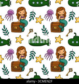 Seamless vector pattern with cute mermaids sitting on treasure chests, submarines, jellyfish, starfish, and keys, creating a whimsical underwater worl Stock Vector