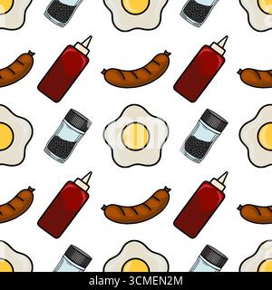 Seamless vector pattern featuring a cheerful breakfast motif with fried eggs, sausages, ketchup bottles, and pepper shakers, rendered in a playful car Stock Vector
