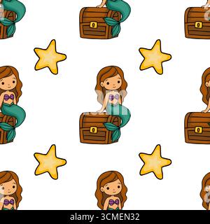 Seamless vector pattern featuring adorable cartoon mermaids sitting on treasure chests, accompanied by yellow starfish, creating a whimsical underwate Stock Vector